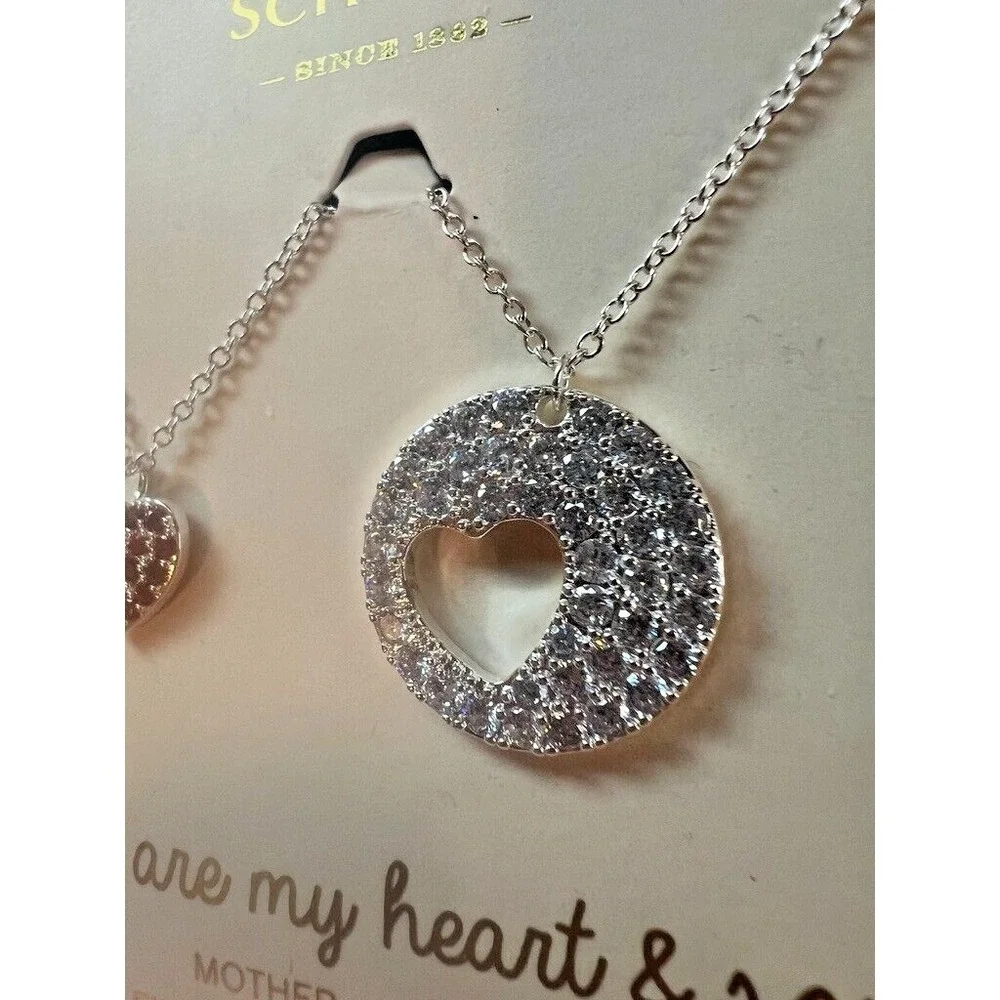 FAO Schwarz Mother Daughter Heart & Soul Necklace Set Fine Silver‎ Plate CZ New
